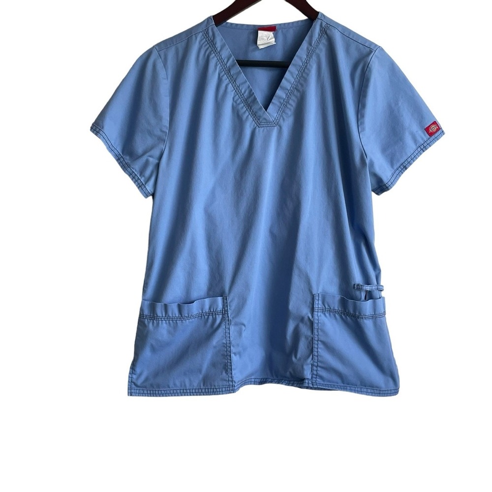 Dickies Women Scrub Top S Blue Short Sleeve Medical Uniform Nurse Office Dental